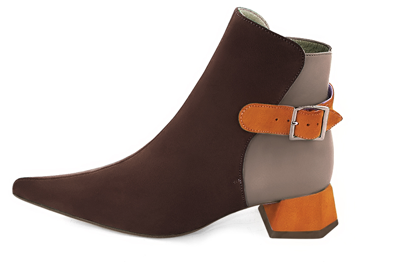 Dark brown, bronze beige and apricot orange women's ankle boots with buckles at the back. Pointed toe. Low flare heels. Profile view - Florence KOOIJMAN
